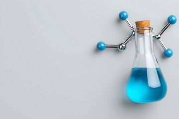 A laboratory flask with blue liquid beside a molecular model on a light gray background.