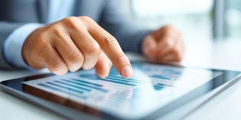 Fototapeta premium Business hand touching digital bar graph on tablet. financial analysis, performance and strategy concepts