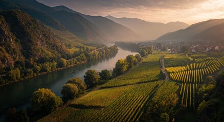 Fototapeta premium Scenic Wachau Valley Austria vineyard landscape at sunrise with river