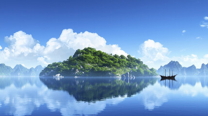 Naklejka premium serene island landscape featuring lush greenery, calm waters, and boat gently floating nearby, evoking sense of tranquility and adventure
