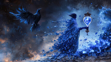 Fantasy digital artwork depicting a spectral figure with a luminous vessel and corvid companion amid swirling blue fragments and cosmic energies.