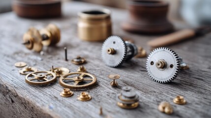 Vintage clock gears and cogs on wooden surface