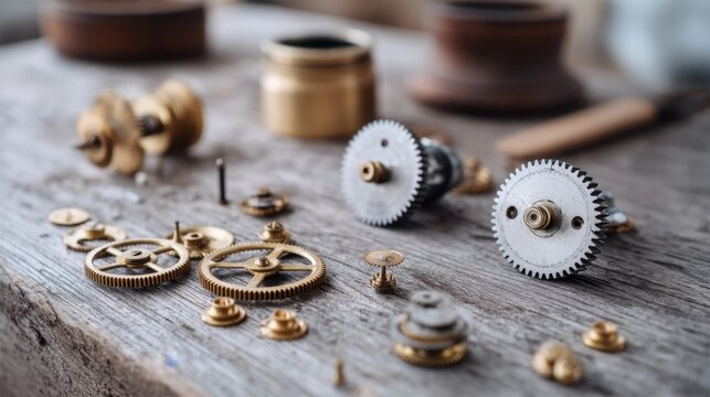 Vintage clock gears and cogs on wooden surface - Powered by Adobe