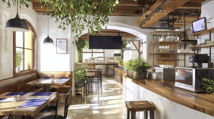 Fototapeta premium cozy restaurant interior featuring wooden furniture, greenery, and warm atmosphere, perfect for dining and socializing