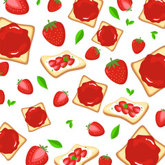 Sliced toast seamless pattern with strawberry and jam. Breakfast menu illustration. Food cartoon
