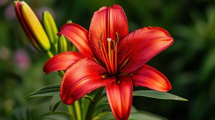 Fototapeta premium A vibrant red lily with wide-open petals.