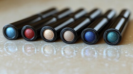 Naklejka premium A variety of makeup products laid out on a light brown surface. HD 8K wallpaper Photographic Image