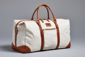 Stylish weekend duffel bag with leather trim on a neutral background