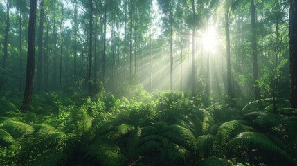 Obraz premium Sunlight streams through lush forest