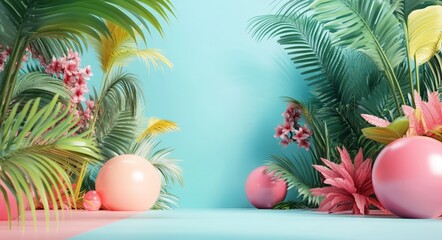 Tropical paradise backdrop with lush foliage and vibrant pink spheres