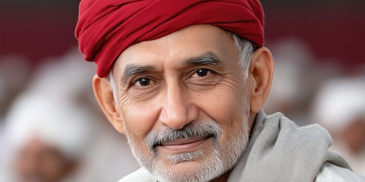 Elderly man with red turban smiling. senior portrait and cultural identity concept