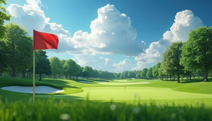 Golf course low angle shot, lush green fairways flag marks destination. Bright sun, blue sky, white clouds, trees. Leisure, recreation, sport, competition, vacation. Pro golf.