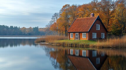 Tranquil autumn cabin by a lake.  Rustic home nestled on a serene lake shore, bathed in the golden hues of autumn.  Reflection of the charming cabin in the still water.  Surrounded by colorful foliage