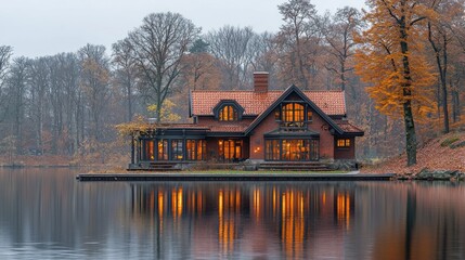 Obraz premium Tranquil autumn home on a serene lake