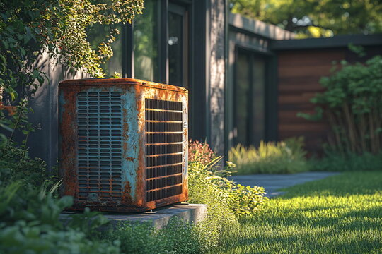 Dusty and rusted AC unit with a missing front panel