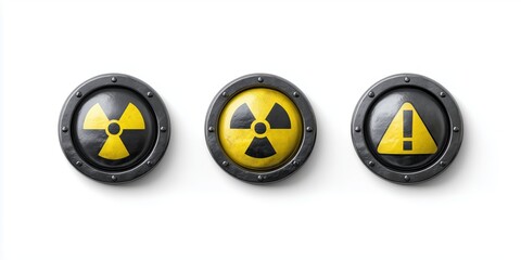 Nuclear and hazard warning signs on industrial metallic buttons. danger icons for toxic environment