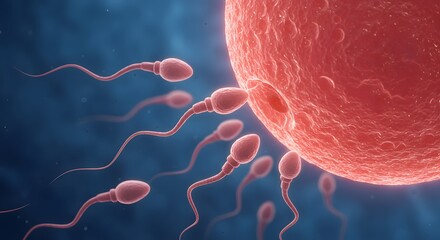 AI image offering a detailed close-up view of sperm cells attempting to penetrate the outer layer of a human egg