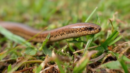 Naklejka premium Close-up of Slow Worm in Lush Green Grass, Detailed Texture