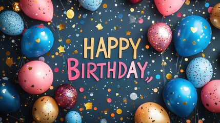 Happy birthday message surrounded by colorful balloons on a dark speckled background.