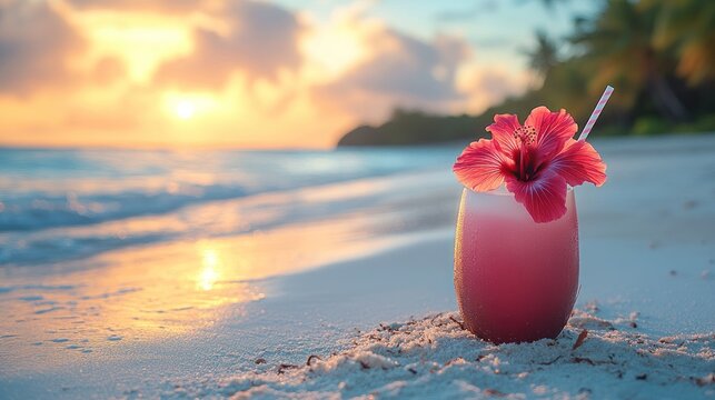 Pink cocktail with flower on beach at sunset tropical vacation scene.