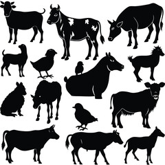 Vector Farm Animals Set. Silhouettes of Cow, Pig, Sheep, Lamb, Hen, Goat, Horse, Turkey. Design elements for emblem, poster, label. Farm Animals icons isolated on white background.Vector Farm Animals
