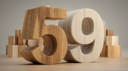 Wooden number fifty nine standing on a surface with geometric blocks