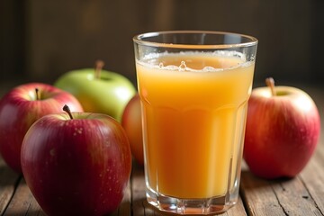 A glass of apple juice on a wooden table, surrounded by fresh apples in a warm, natural setting