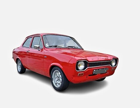 Red Ford Escort Mk1 posing on white background