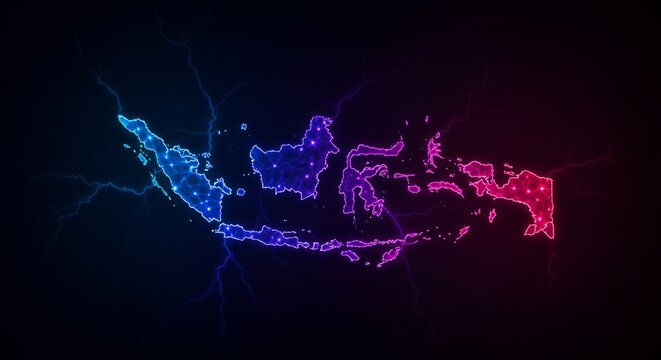 Illuminated indonesia archipelago map with energy tendrils emitting a mesmerizing glow