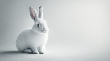 Fototapeta premium White rabbit sitting on light gray background.