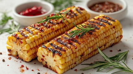 Two grilled corn cobs with herbs and condiments on a light surface.