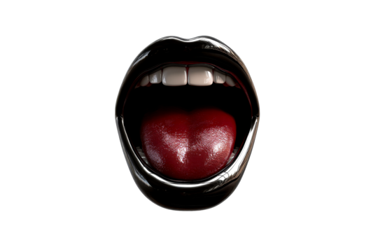Glossy black lips and red tongue on clear background