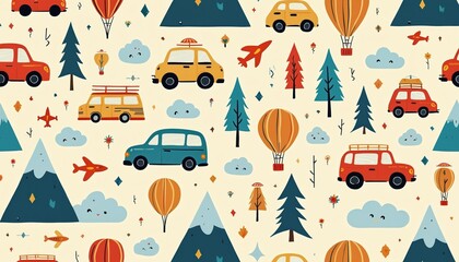 Whimsical seamless travel transportation pattern with cars, planes, hot air balloons. Fun illustration with mountains, clouds, trees, cartoon vehicles, trip, vacation, tour for kids, wallpaper,