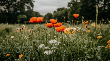 Vibrant meadow bursting with wildflowers.  Red poppies stand tall amidst a riot of colors, white daisies, and yellows.  Green grass sways gently in the breeze.  Cloudy sky hints at impending weather