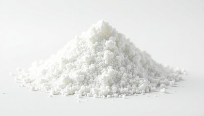 Pile of white granulated sugar on white background, dessert, still life, confectionery