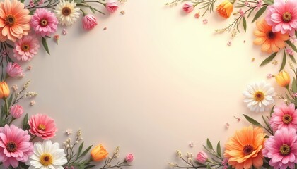 Obraz premium Floral frame illustration with spring, summer flowers. Pink, orange, white, yellow blossoms, green leaves. Beautiful natural ornament for wedding, greeting card, invitation design. Delicate romantic