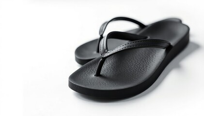 Single black flip-flop on white background, close-up view, summer footwear, object