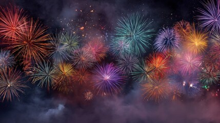 Fototapeta premium A vibrant display of fireworks explodes in the night sky, painting the darkness with bursts of color and light.