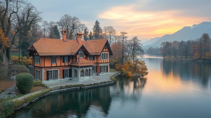 Obraz premium Rustic chalet by a serene lake at sunset. Autumnal hues