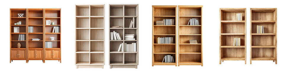 Assortment of modern and classic wooden bookshelves.