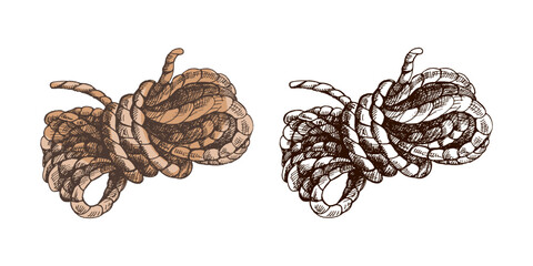 Hand drawn vintage colored and black sketch of coiled rope knot for camping, sailing and western adventure design © Mariia Mazaeva