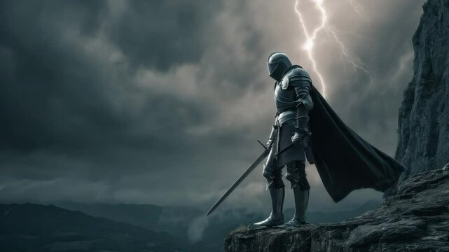 Knight on Clifftop: A lone knight, clad in gleaming silver armor and a flowing black cape, stands vigil on a windswept clifftop, a dramatic lightning storm raging behind him.