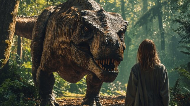 A woman stands facing a T Rex in the forest.