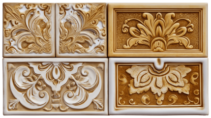  intricate carved tiles with floral designs isolated on white transparent background