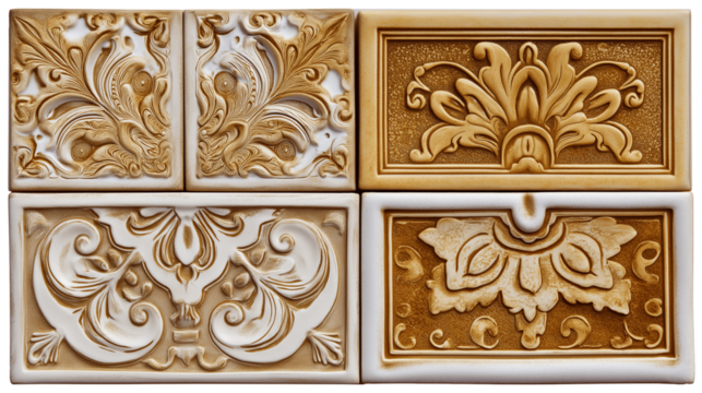  intricate carved tiles with floral designs isolated on white transparent background