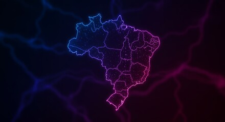 Vibrant bioluminescent map of Brazil glowing with neon hues and energy tendrils