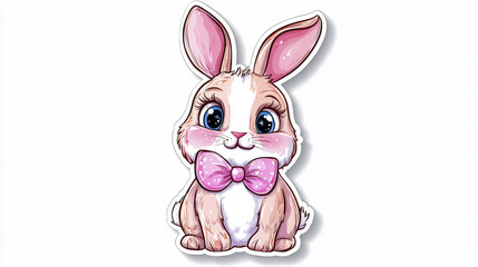 Fototapeta premium Cute cartoon rabbit with big eyes and pink bow tie, perfect for stickers or children designs, radiating joy and playfulness