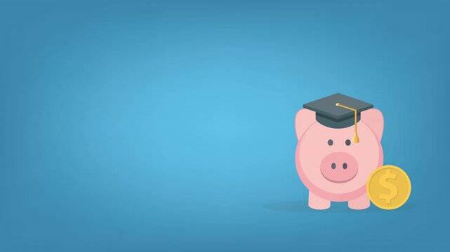Graduation cost, expensive education, scholarship loan budget, education savings and investment concept. Piggy bank in flat design.