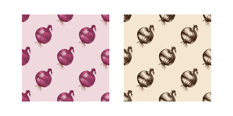 Hand drawn vintage sketch seamless pattern set of onion bulbs in, brown ink
