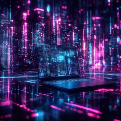 Fototapeta premium Laptop displays digital data against glowing city, representing future technology usage